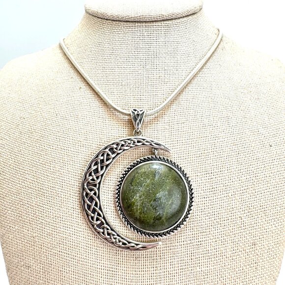 VTG Sterling Silver 925 Ireland Connemara Marble Crescent Moon Pendant Chain 16